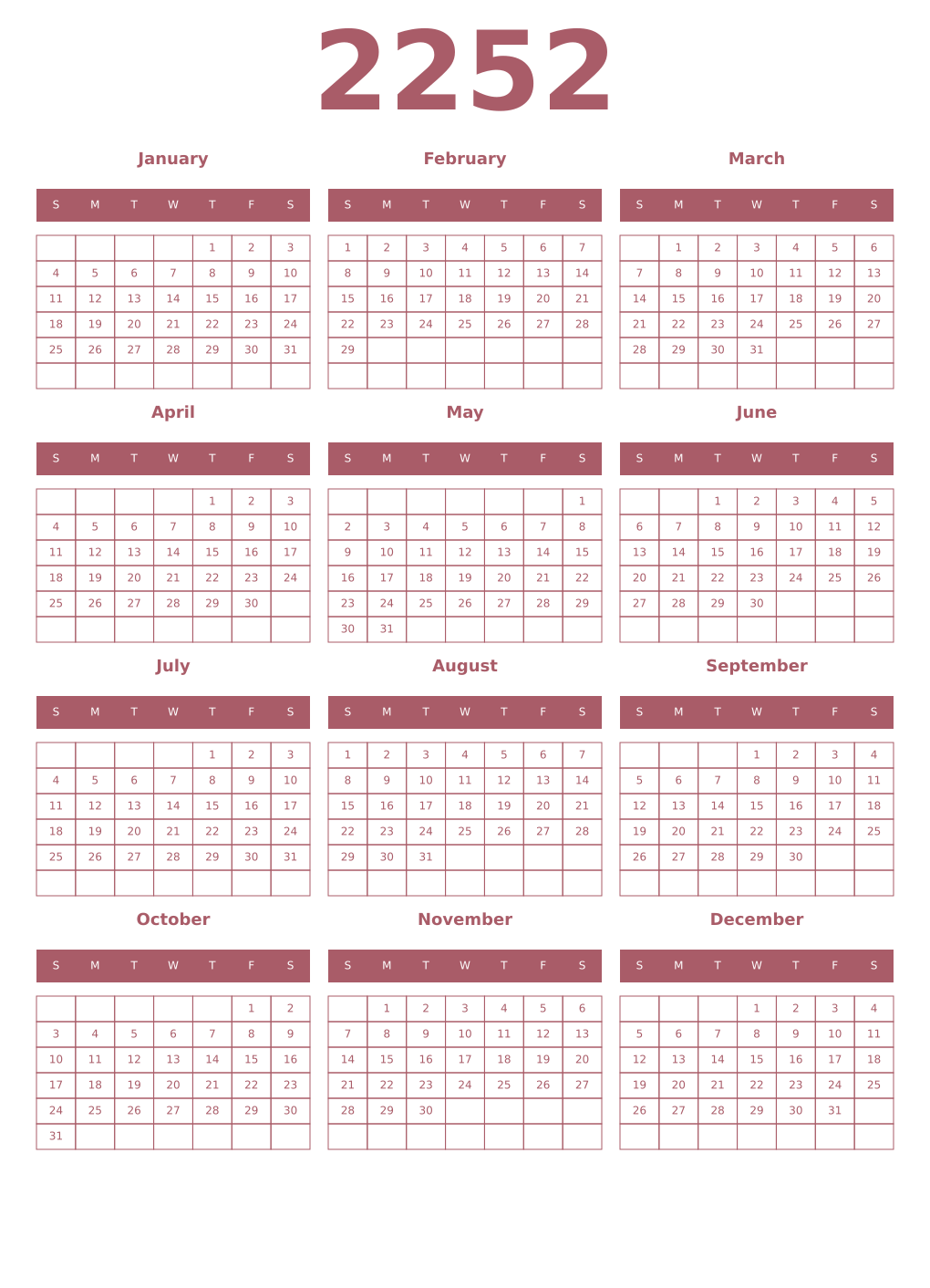 Printable 2252 Year Calendars puce