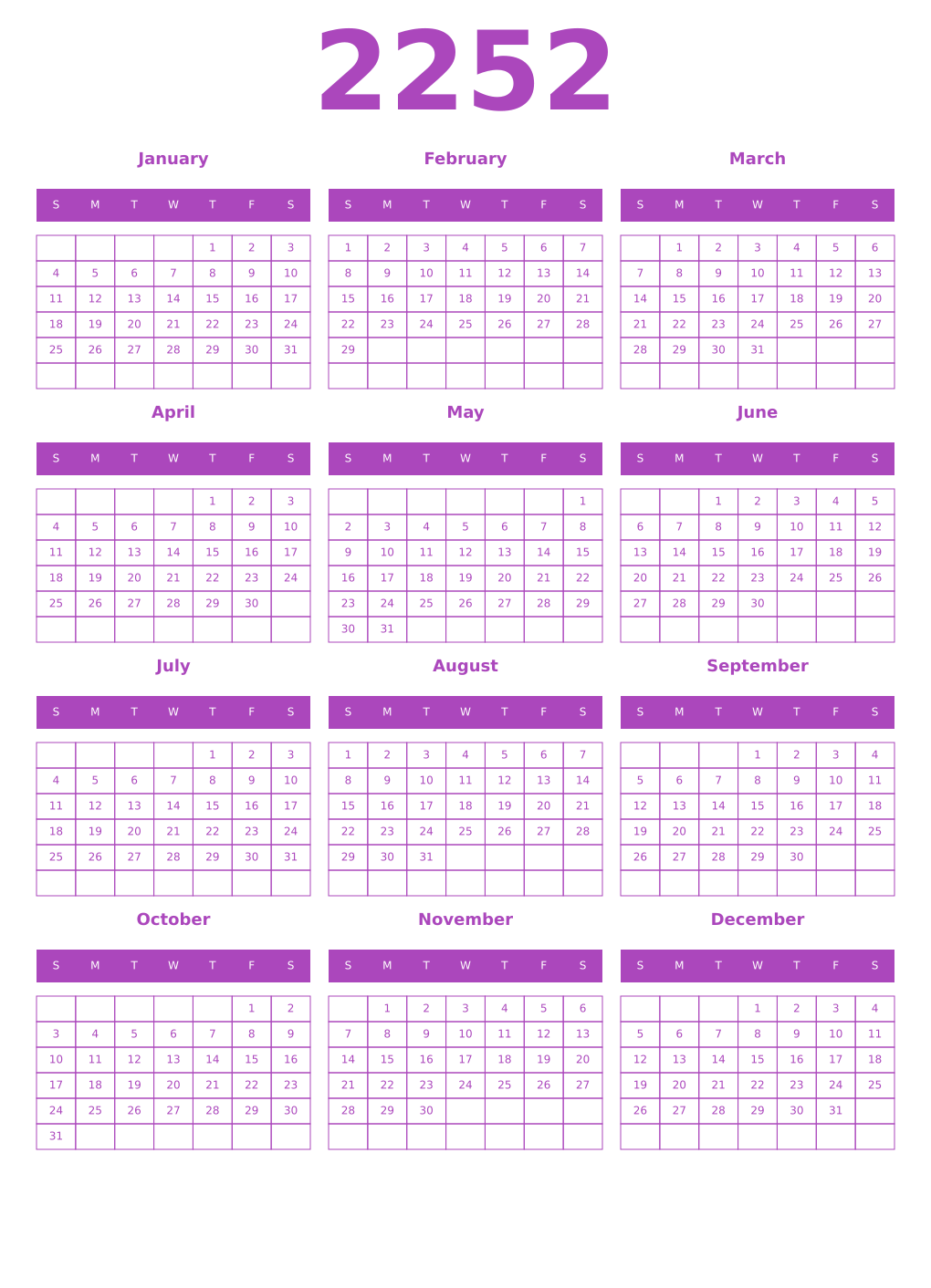 Printable 2252 Year Calendars purple