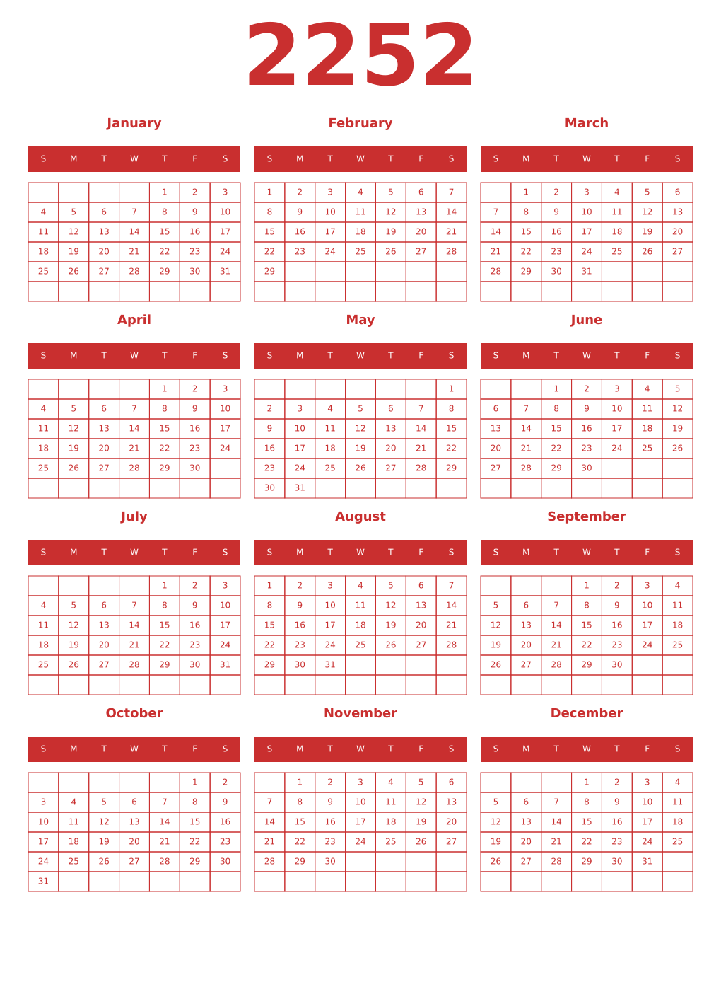 Printable 2252 Year Calendars red