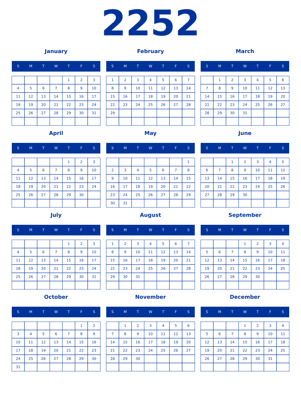 Printable 2252 Year Calendars smalt
