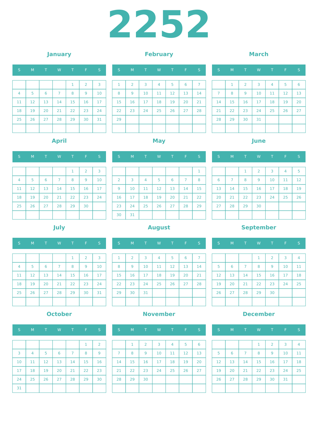 Printable 2252 Year Calendars verdigris