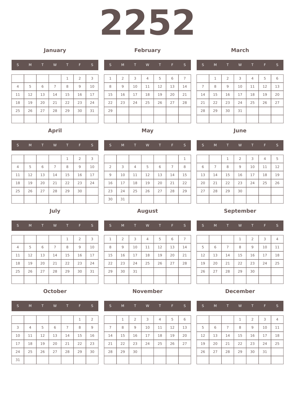 Printable 2252 Year Calendars wenge