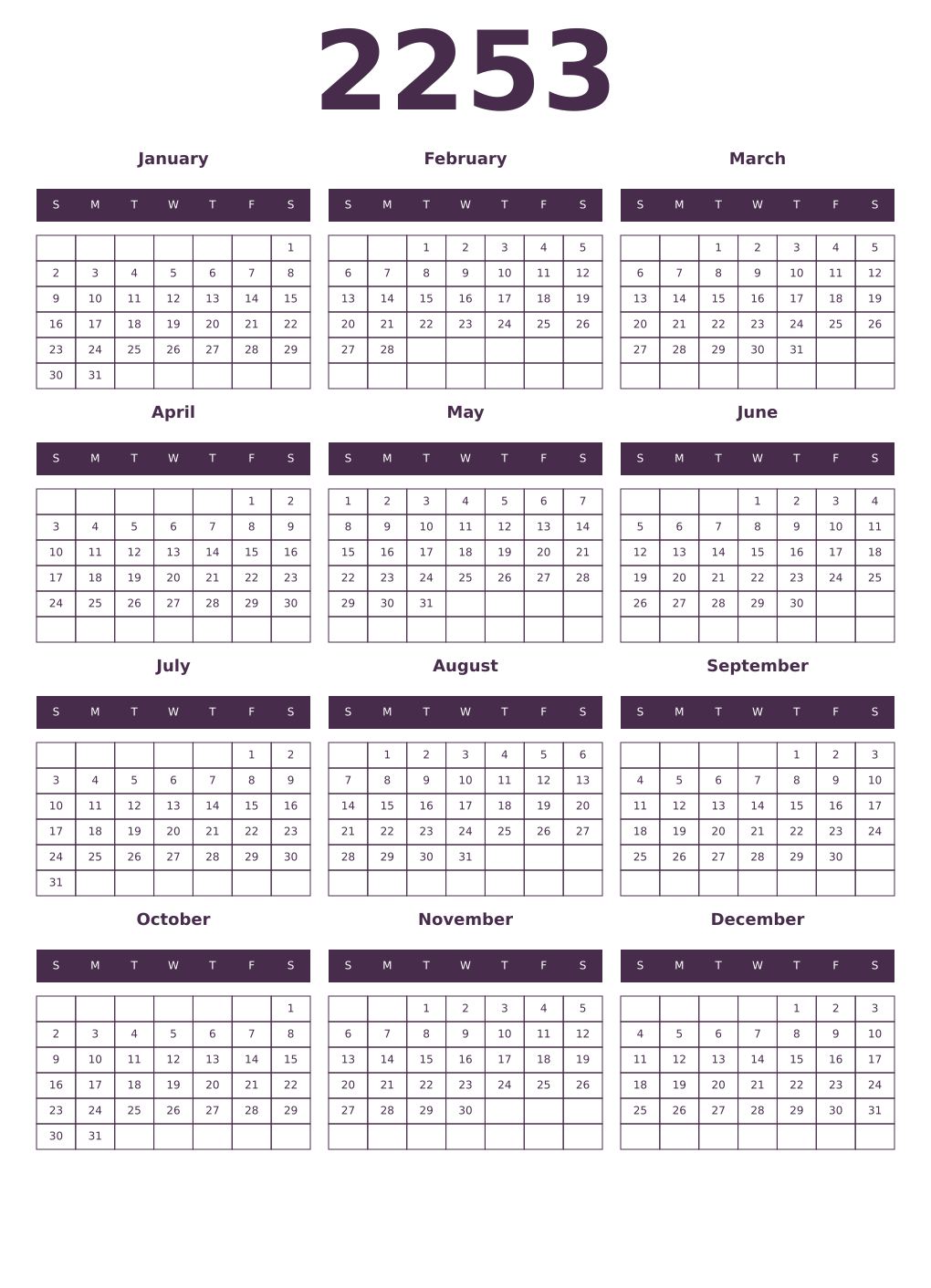 Printable 2253 Year Calendars aubergine