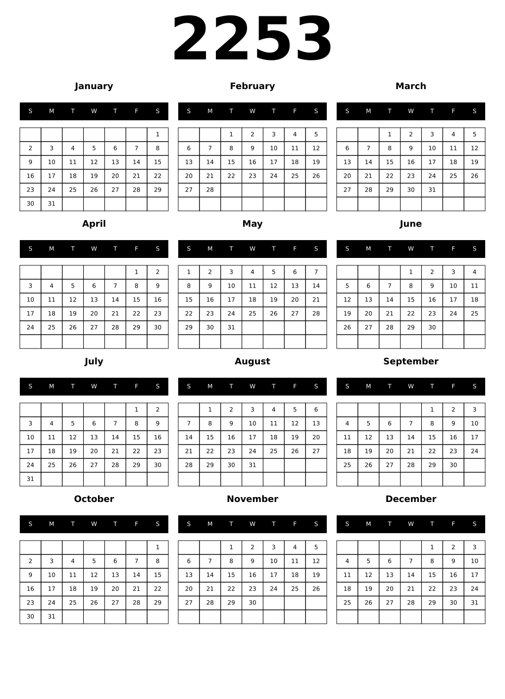 Printable 2253 Year Calendars black