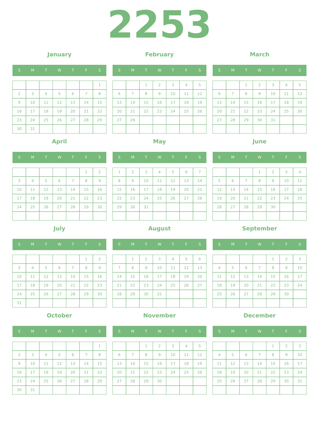 Printable 2253 Year Calendars celadon