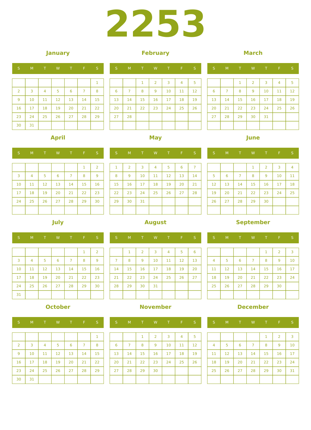 Printable 2253 Year Calendars chartreuse