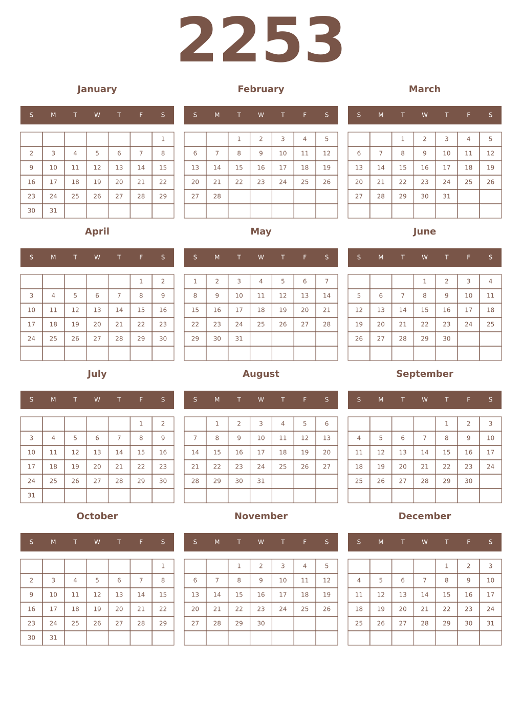 Printable 2253 Year Calendars coffe