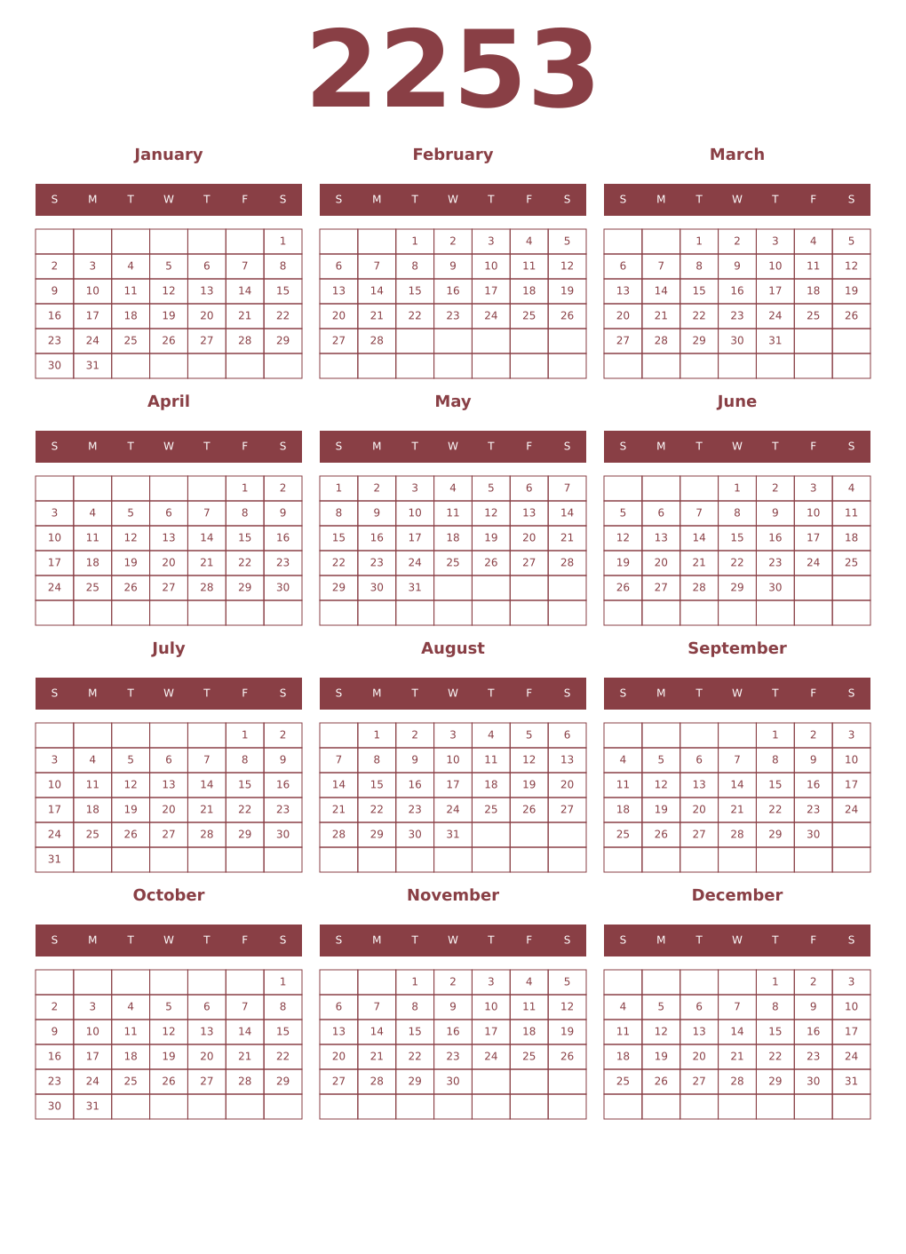 Printable 2253 Year Calendars cordovan