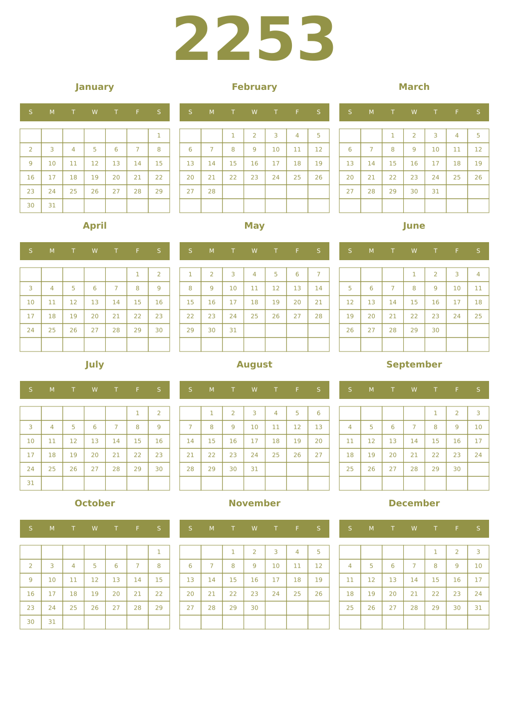 Printable 2253 Year Calendars eburnean