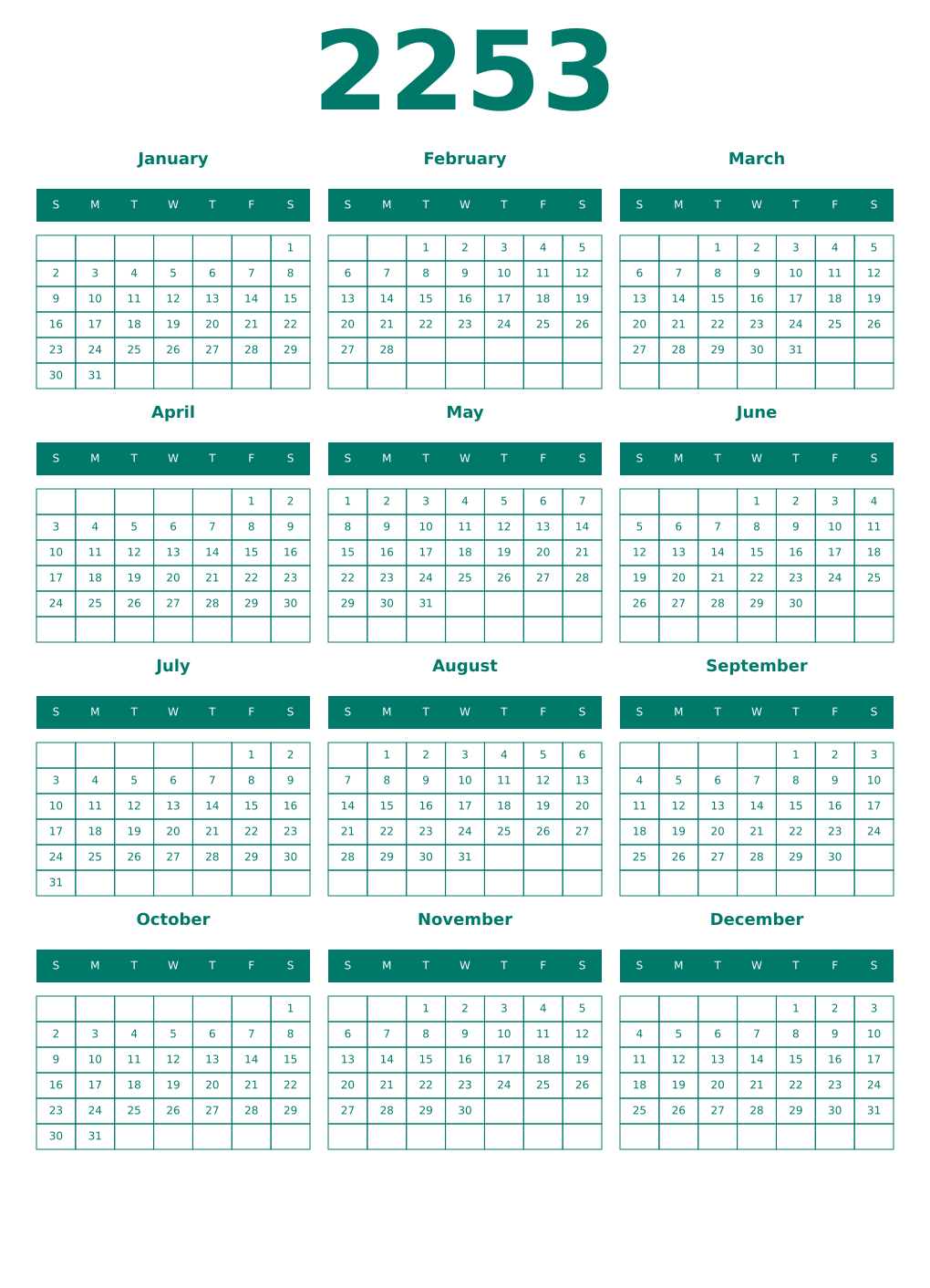 Printable 2253 Year Calendars pastel