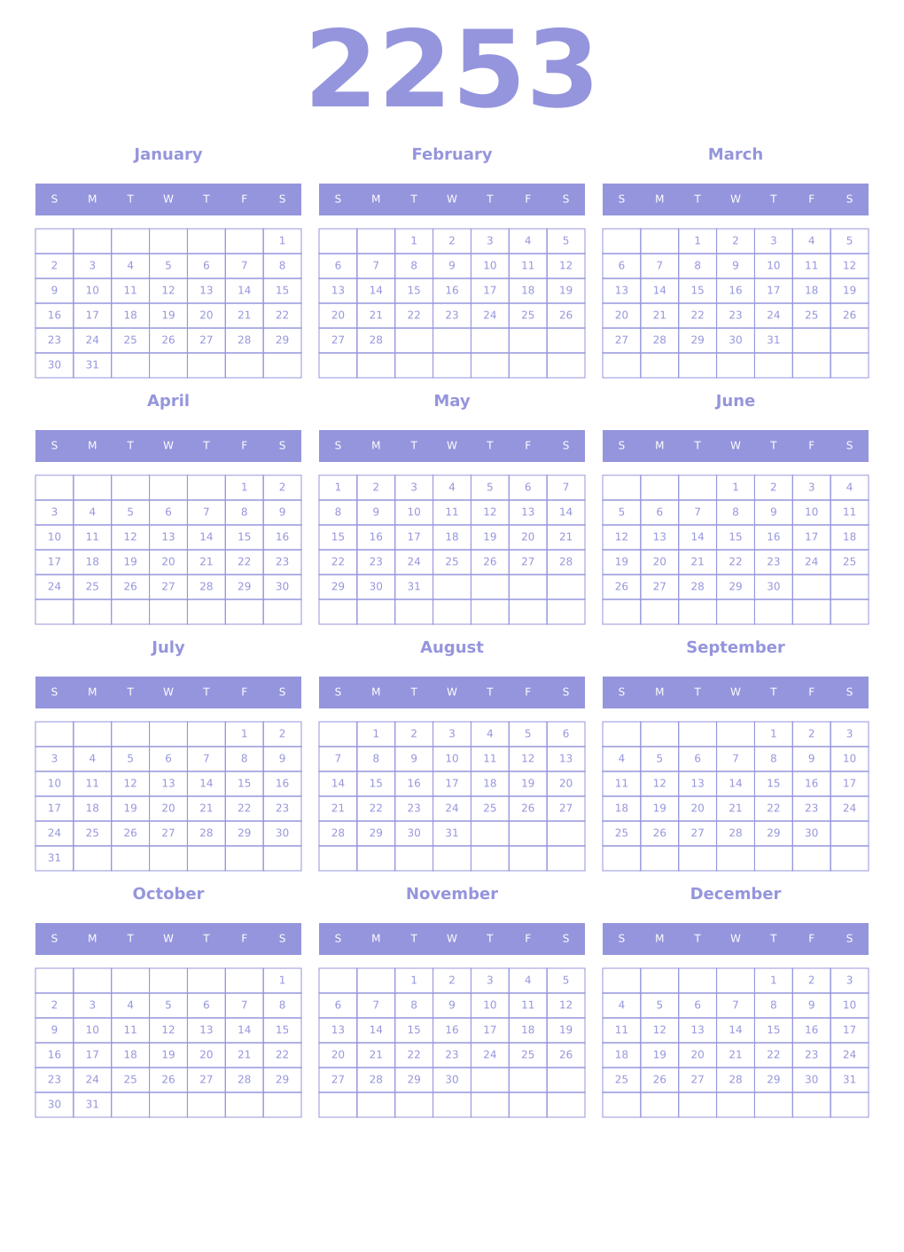 Printable 2253 Year Calendars periwinkle