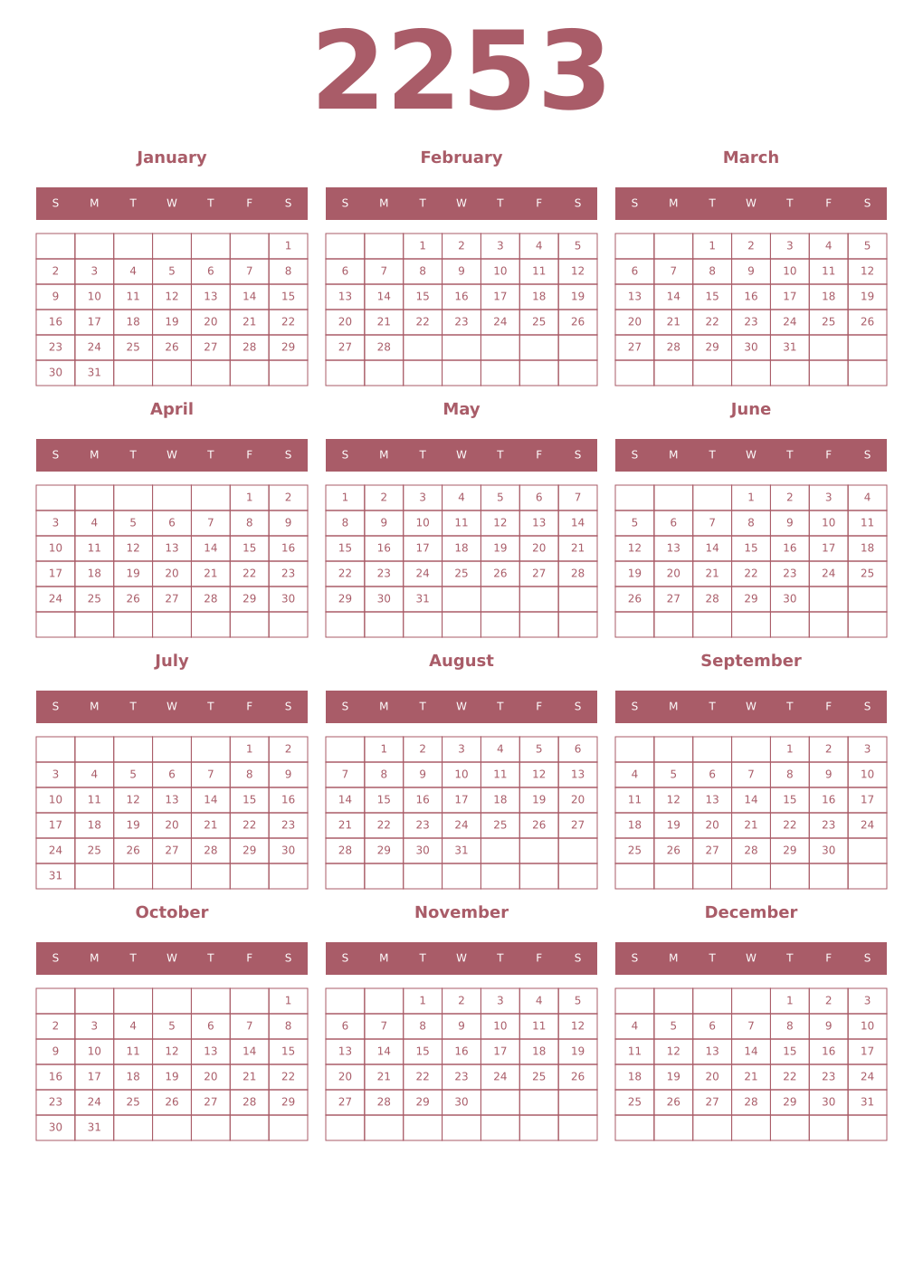 Printable 2253 Year Calendars puce