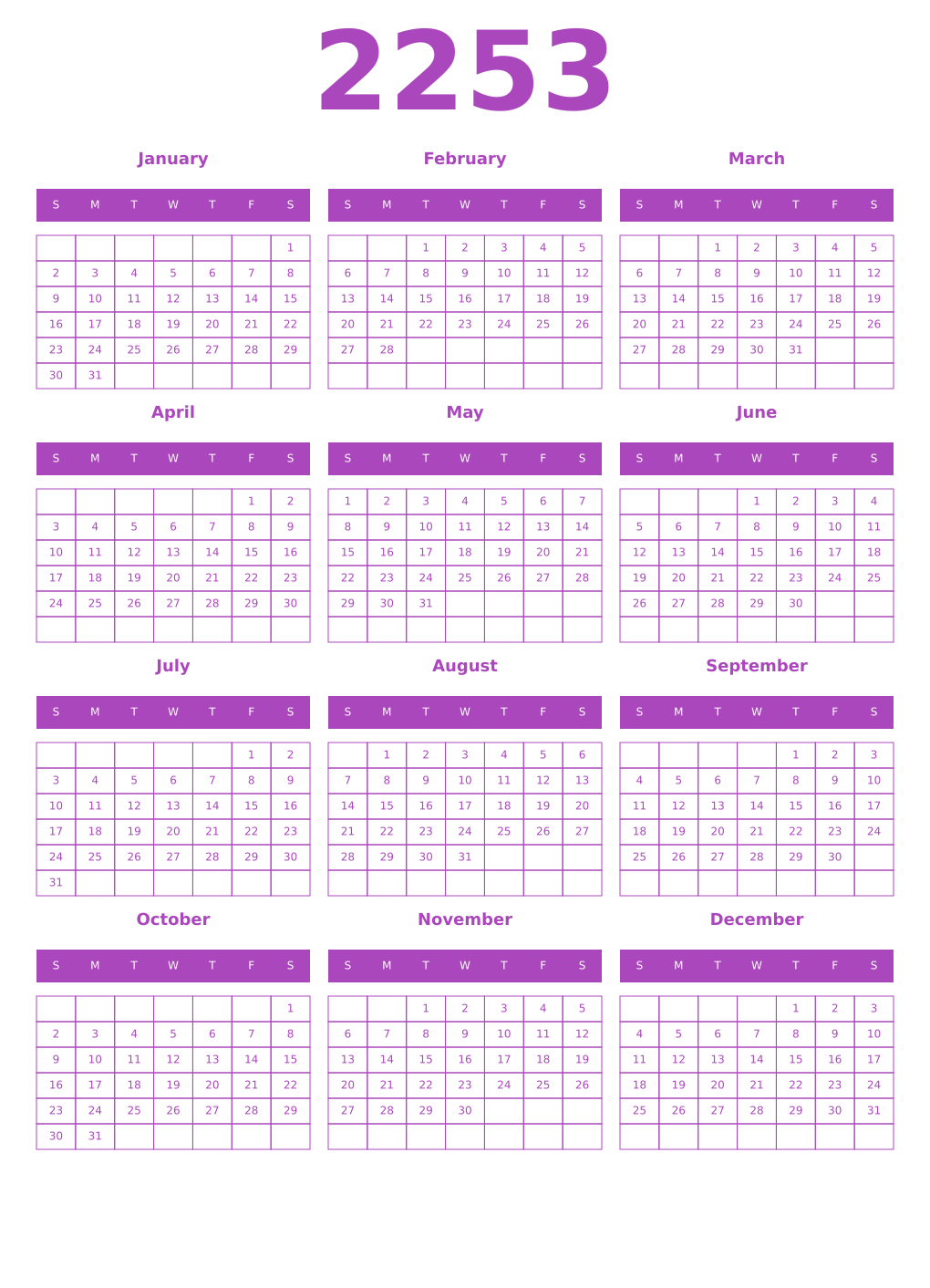 Printable 2253 Year Calendars purple