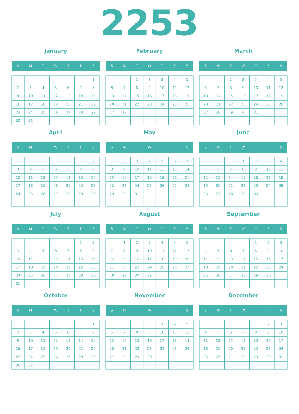 Printable 2253 Year Calendars verdigris