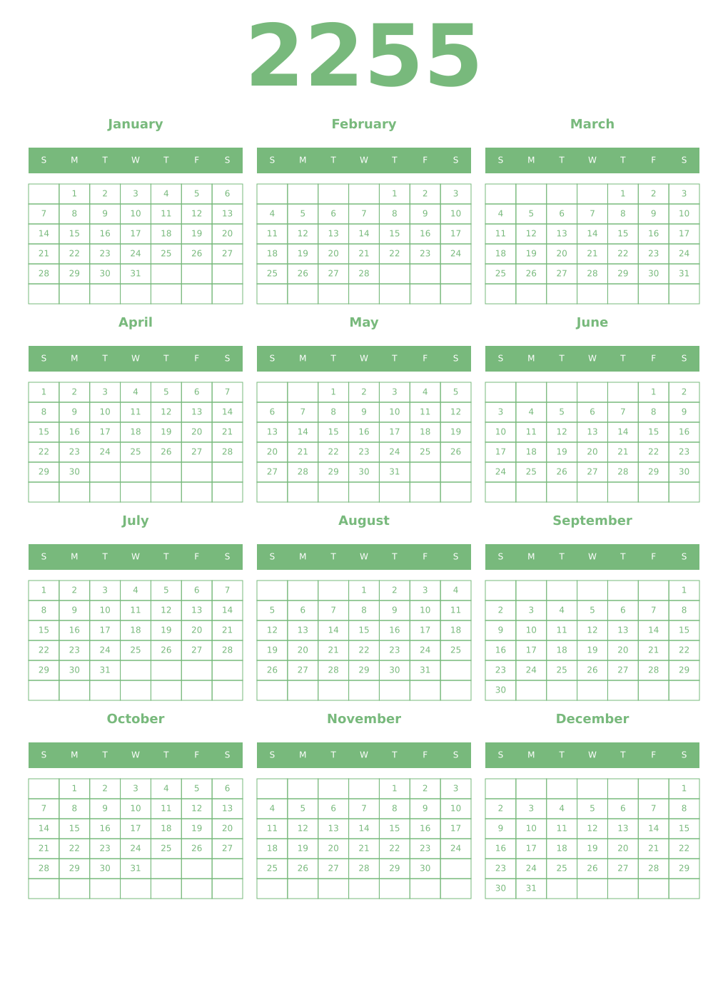 Printable 2255 Year Calendars celadon