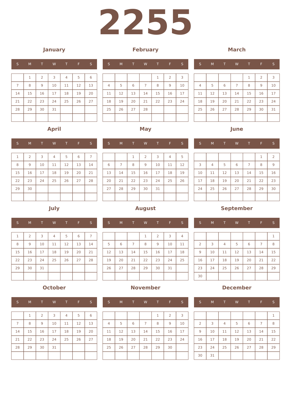 Printable 2255 Year Calendars coffe