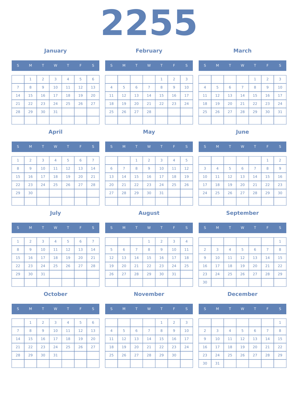 Printable 2255 Year Calendars glaucous