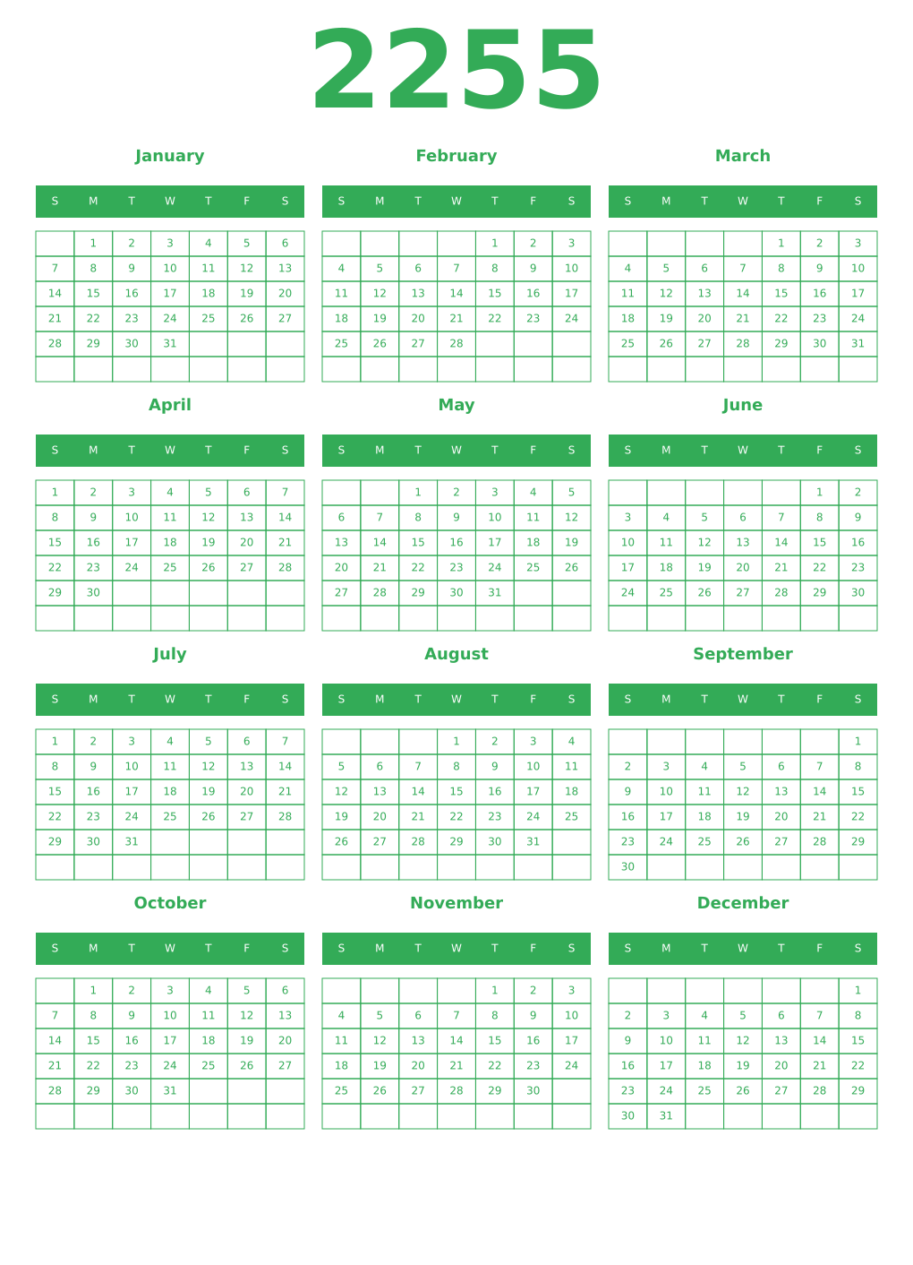 Printable 2255 Year Calendars green
