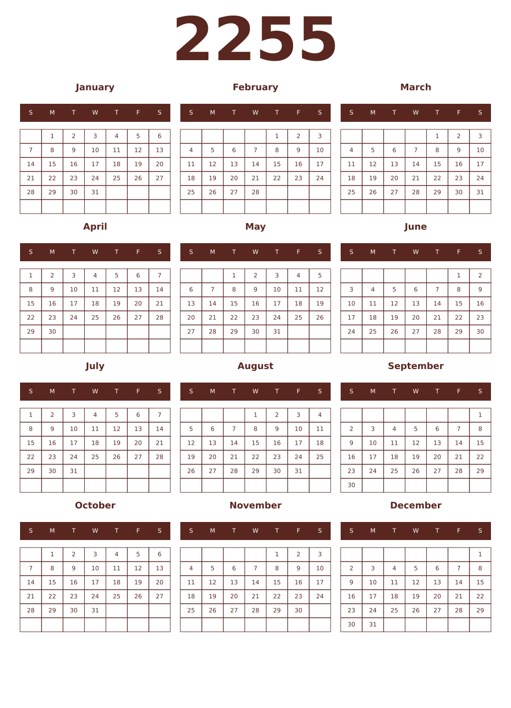 Printable 2255 Year Calendars mortuum