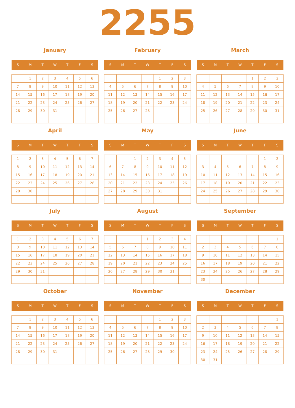 Printable 2255 Year Calendars orange