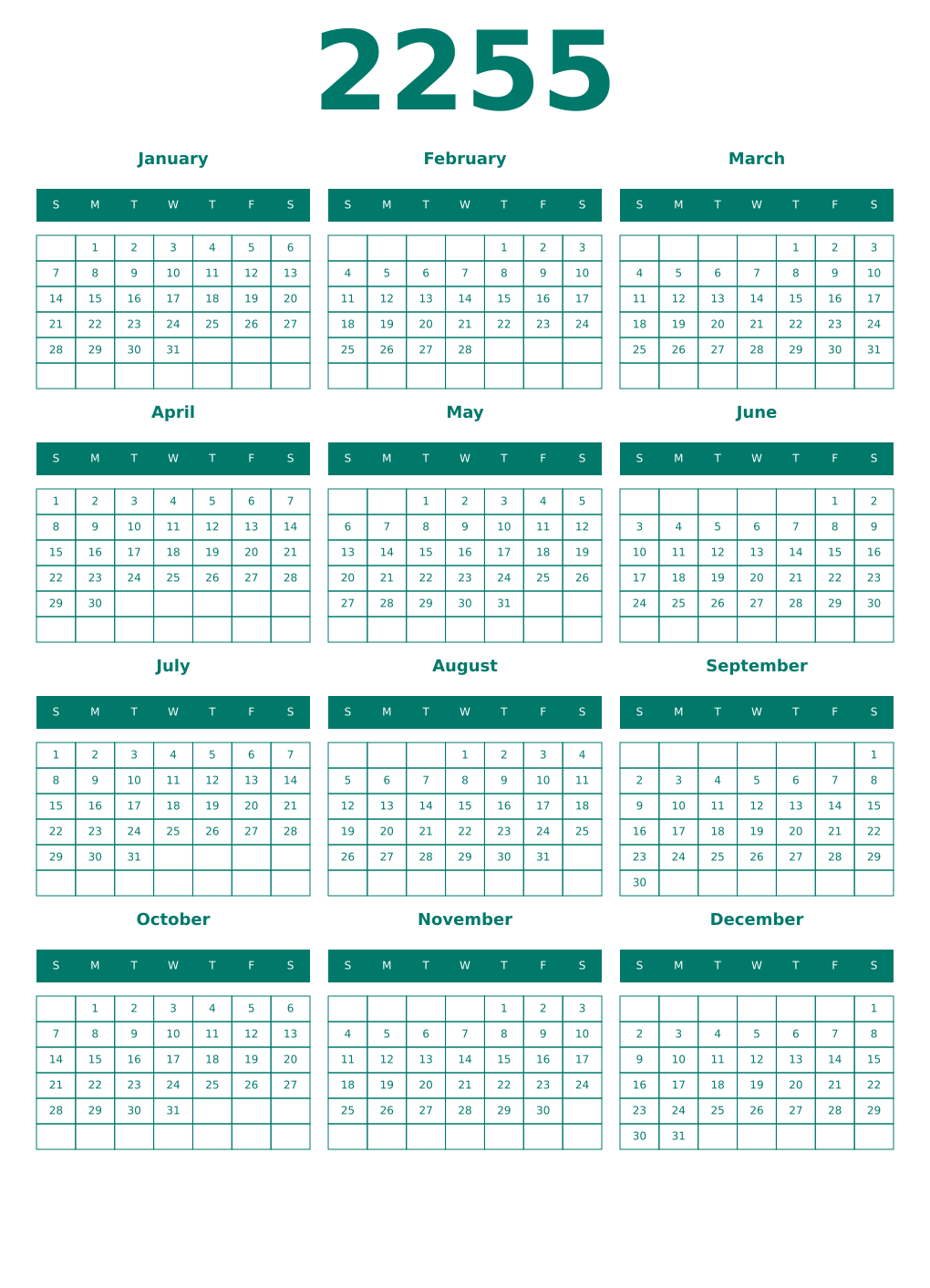 Printable 2255 Year Calendars pastel