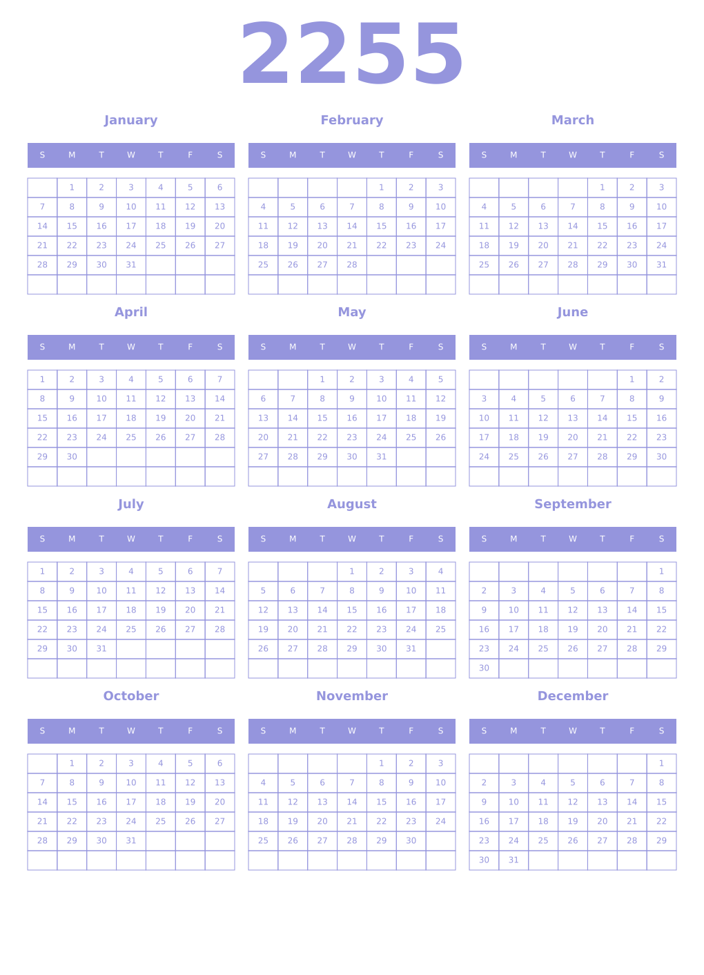 Printable 2255 Year Calendars periwinkle