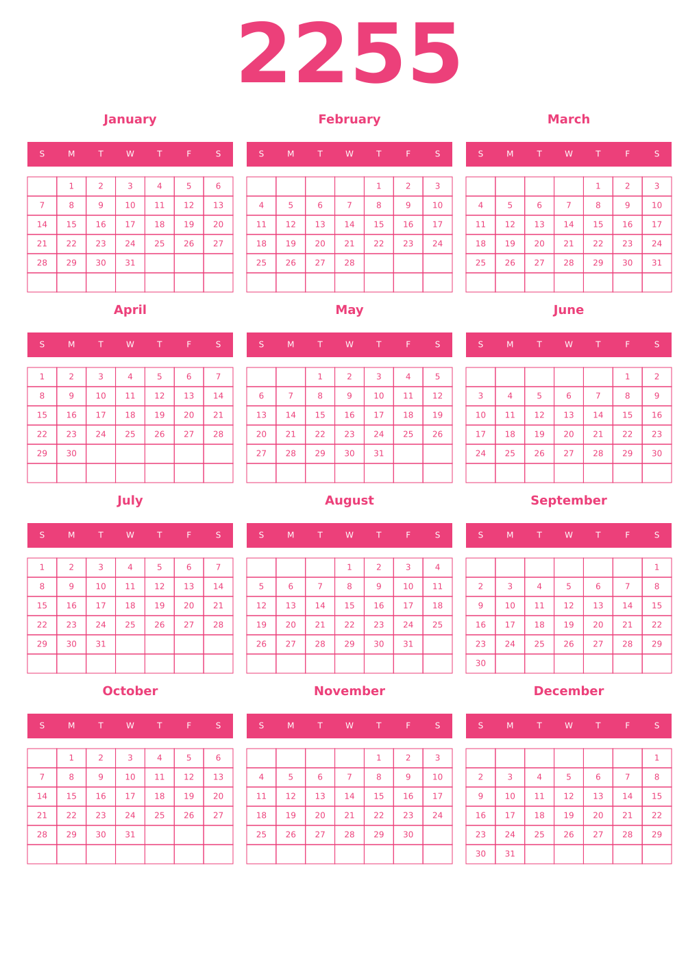 Printable 2255 Year Calendars pink