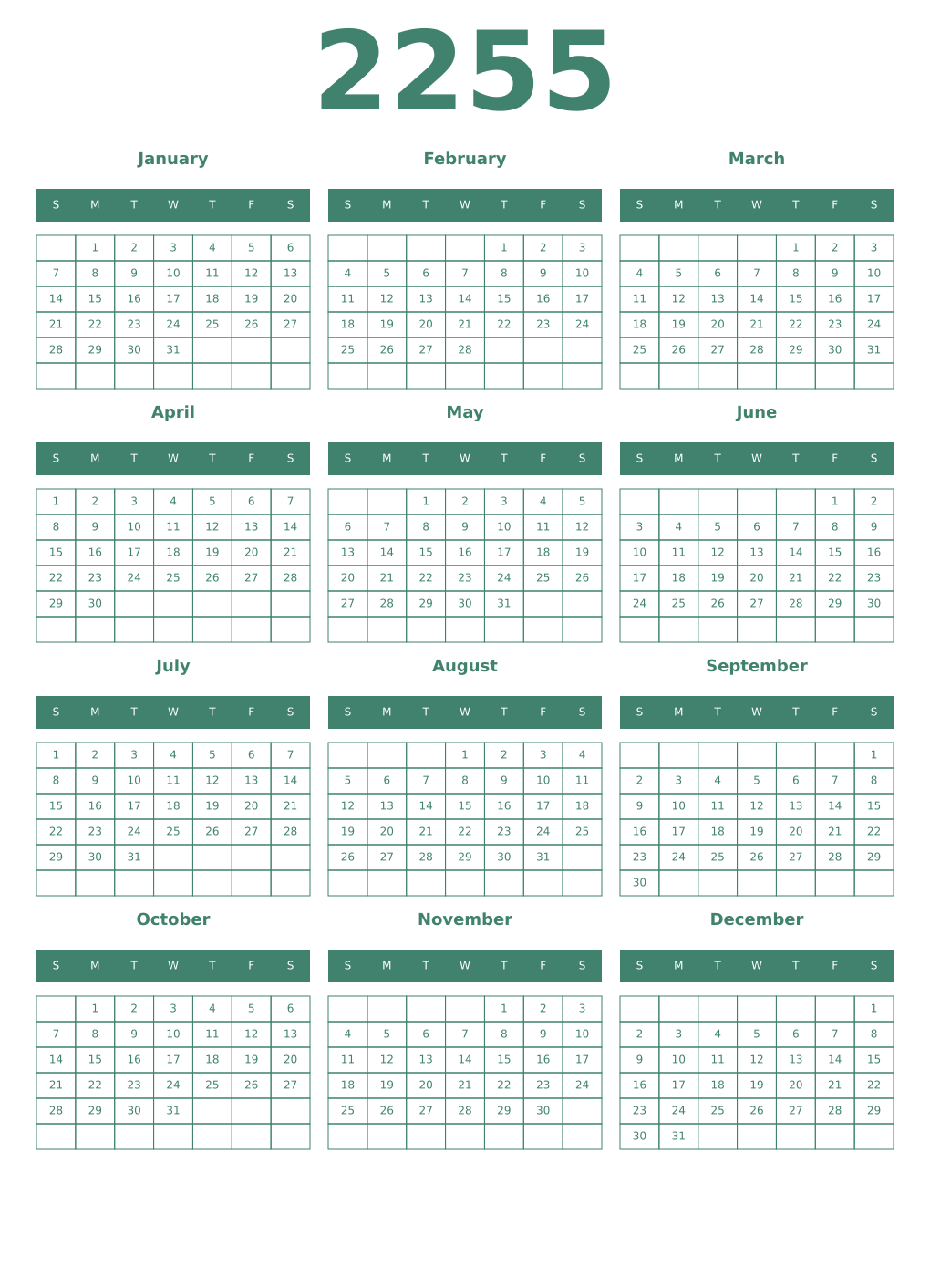 Printable 2255 Year Calendars viridian