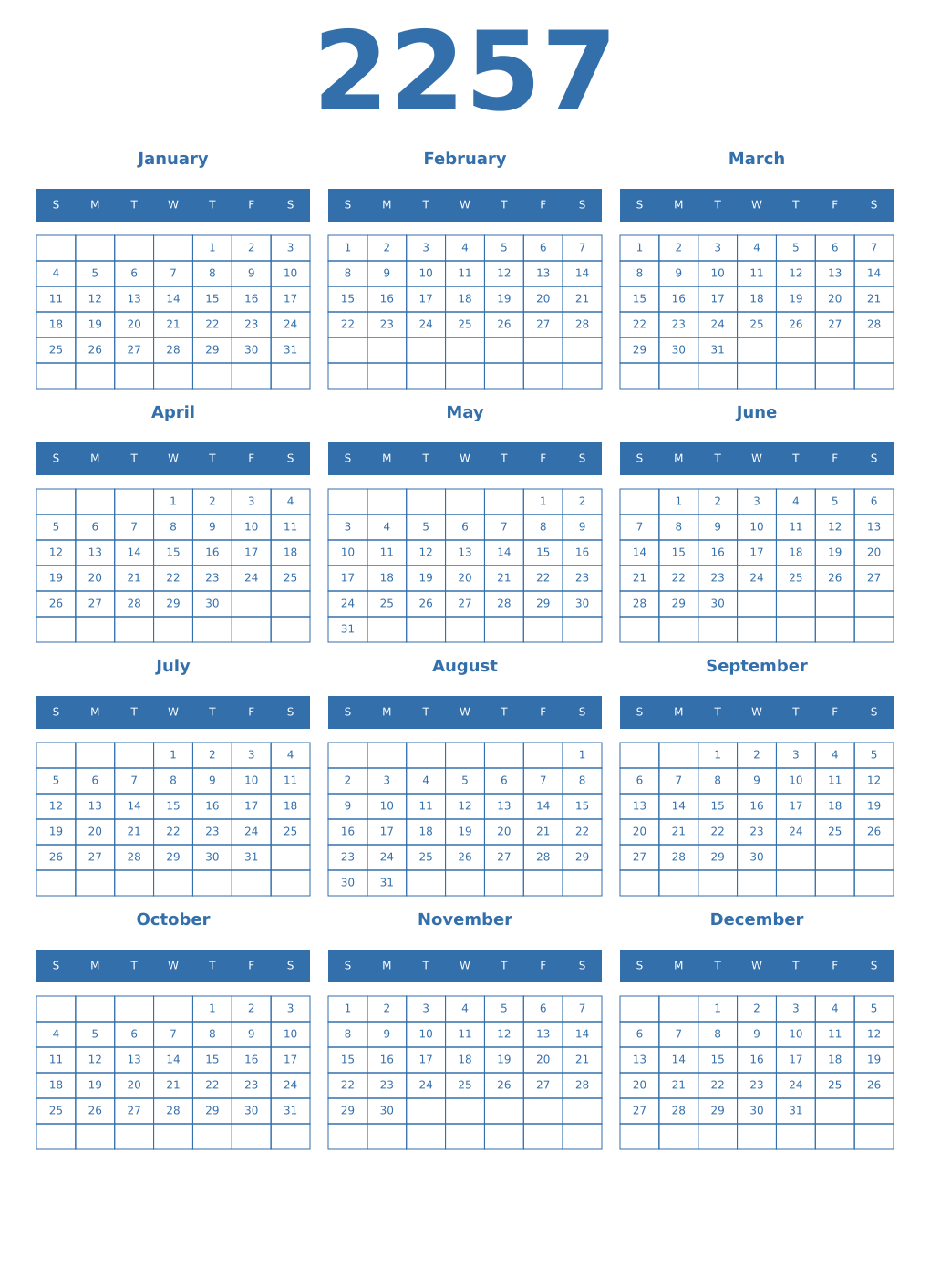 Printable 2257 Year Calendars blue