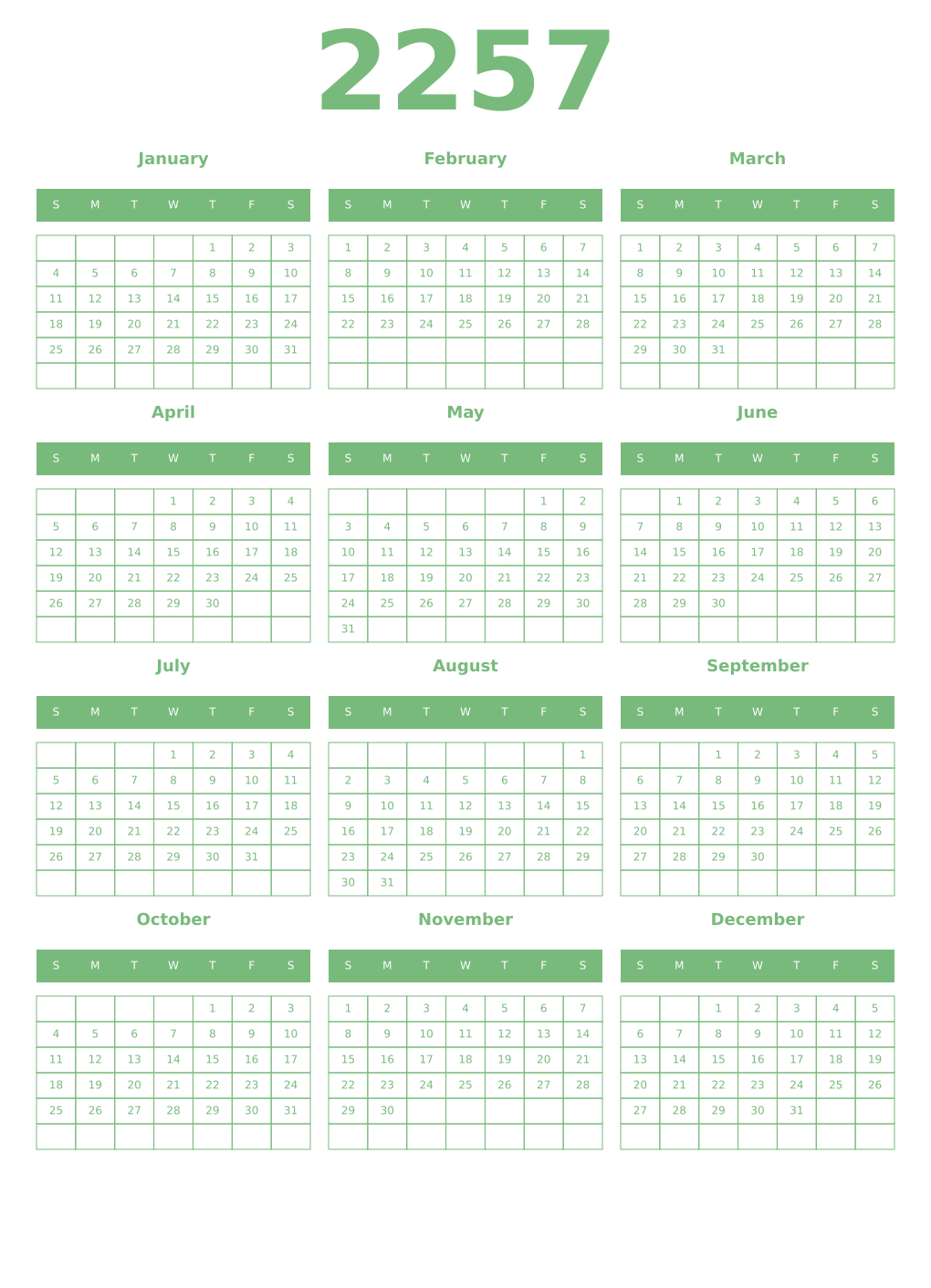 Printable 2257 Year Calendars celadon