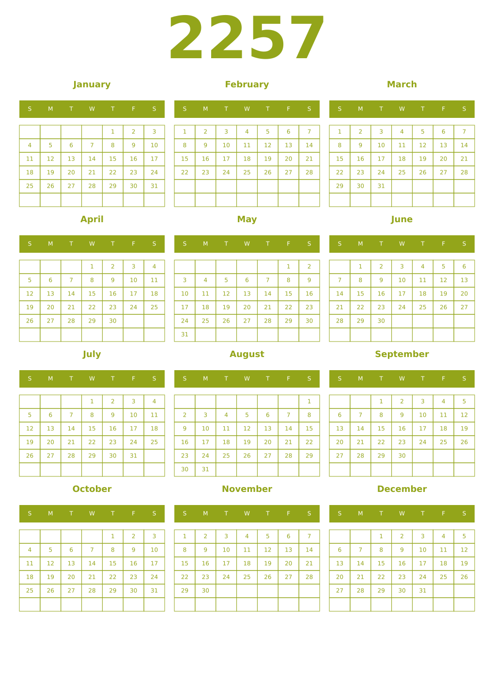 Printable 2257 Year Calendars chartreuse
