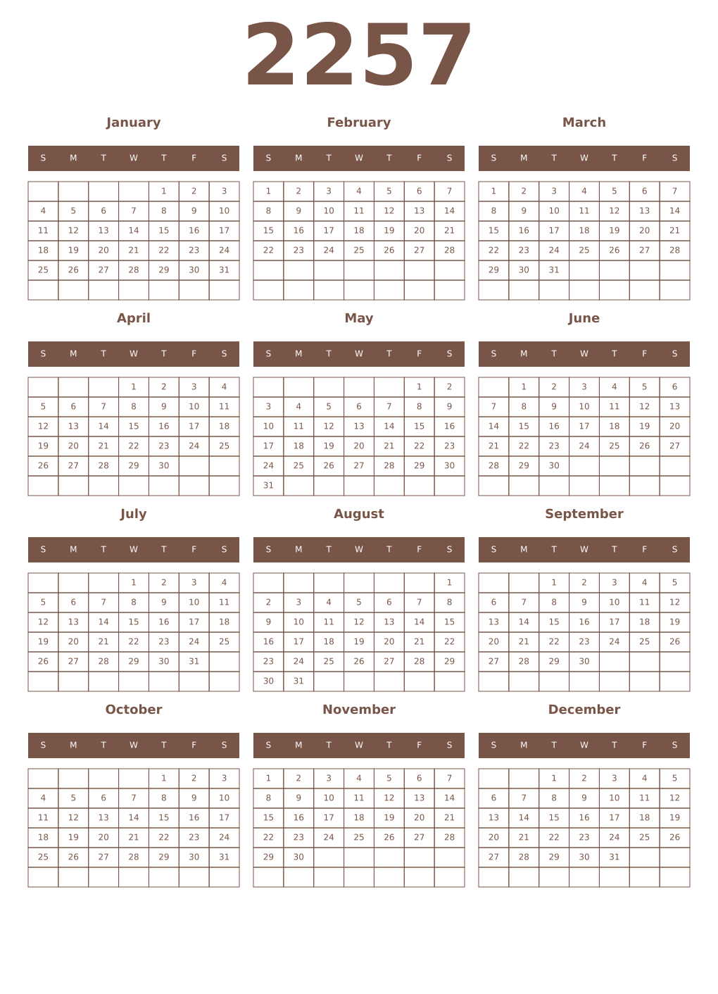 Printable 2257 Year Calendars coffe