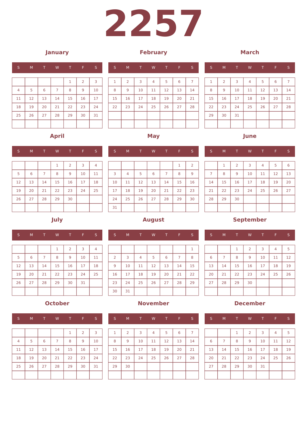 Printable 2257 Year Calendars cordovan