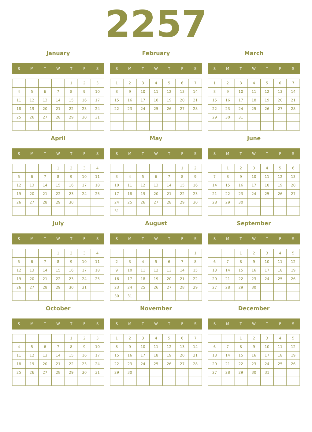 Printable 2257 Year Calendars eburnean