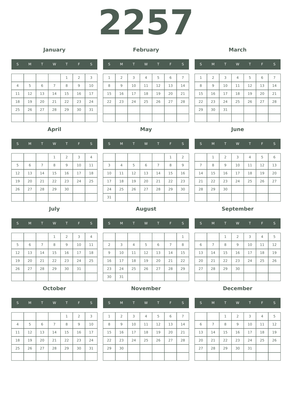 Printable 2257 Year Calendars feldgrau