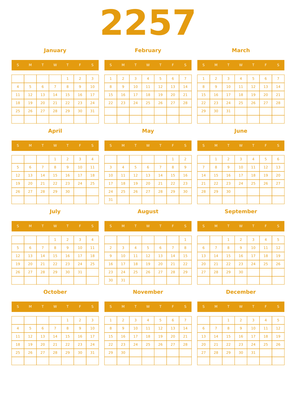 Printable 2257 Year Calendars gamboge