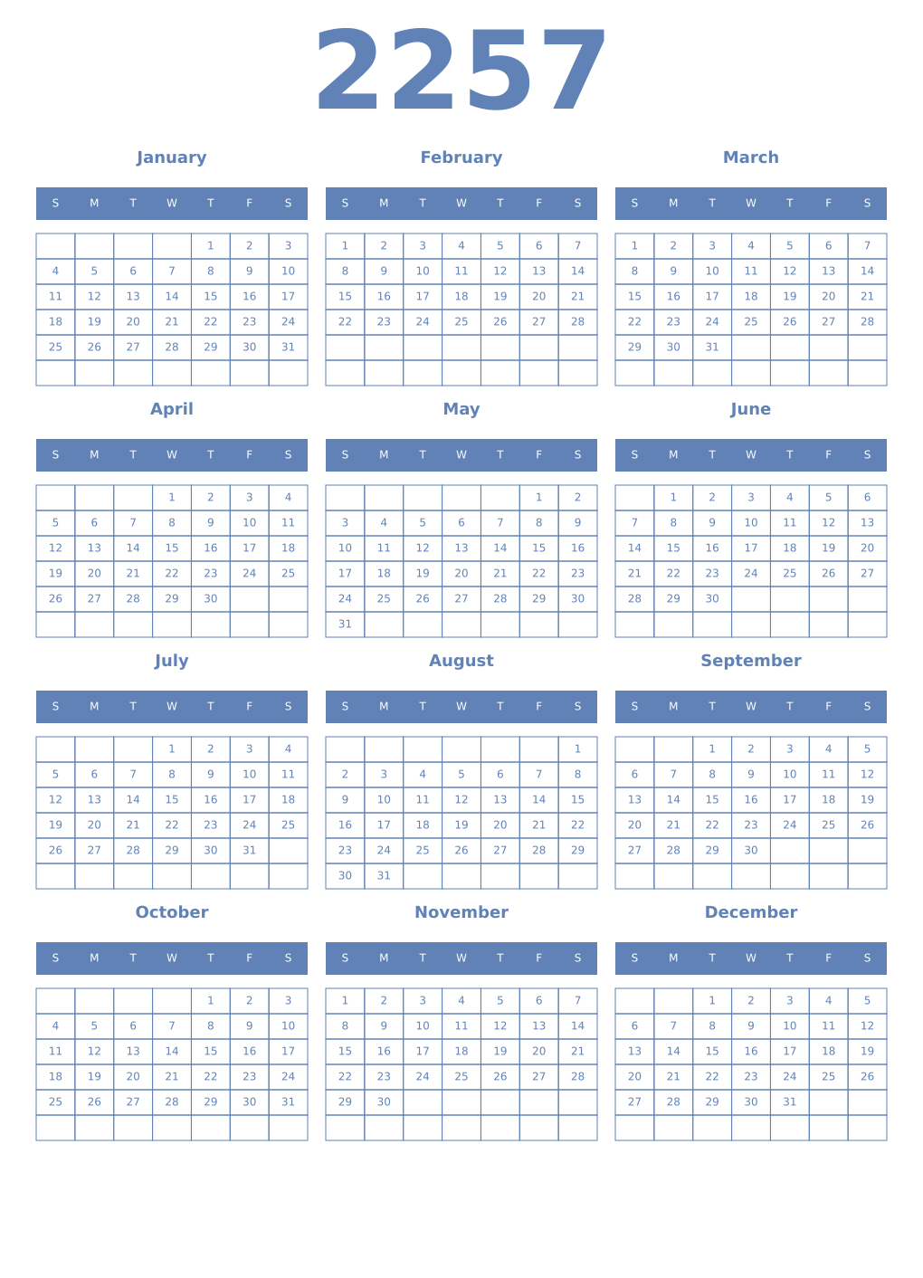 Printable 2257 Year Calendars glaucous