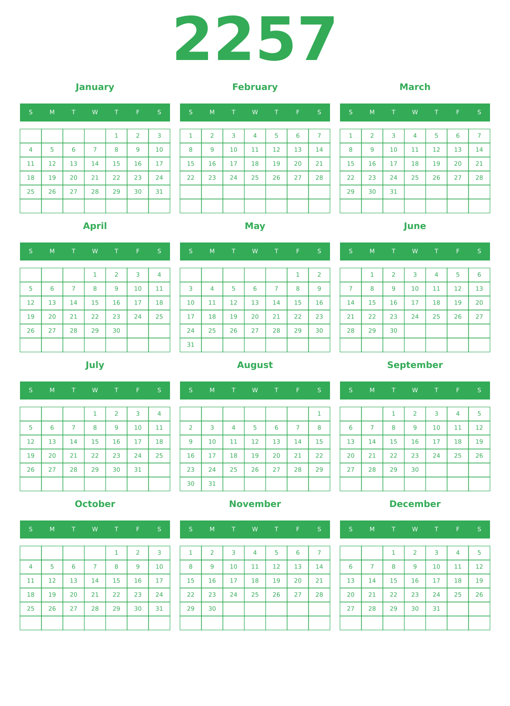 Printable 2257 Year Calendars green