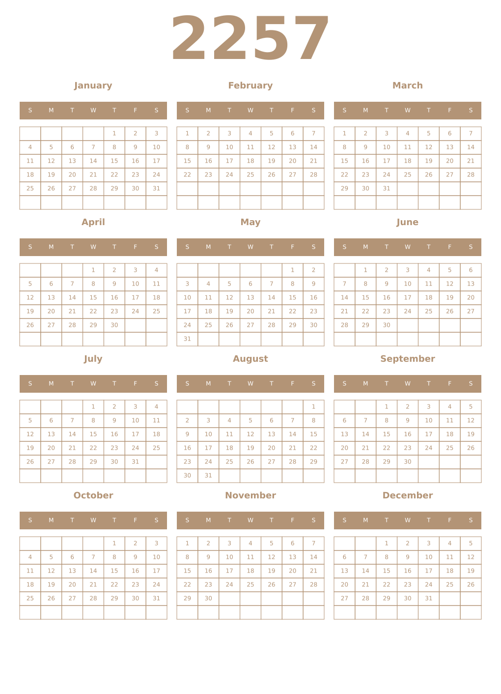 Printable 2257 Year Calendars isabelline