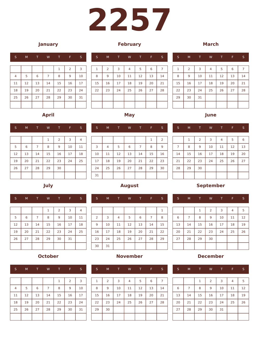 Printable 2257 Year Calendars mortuum