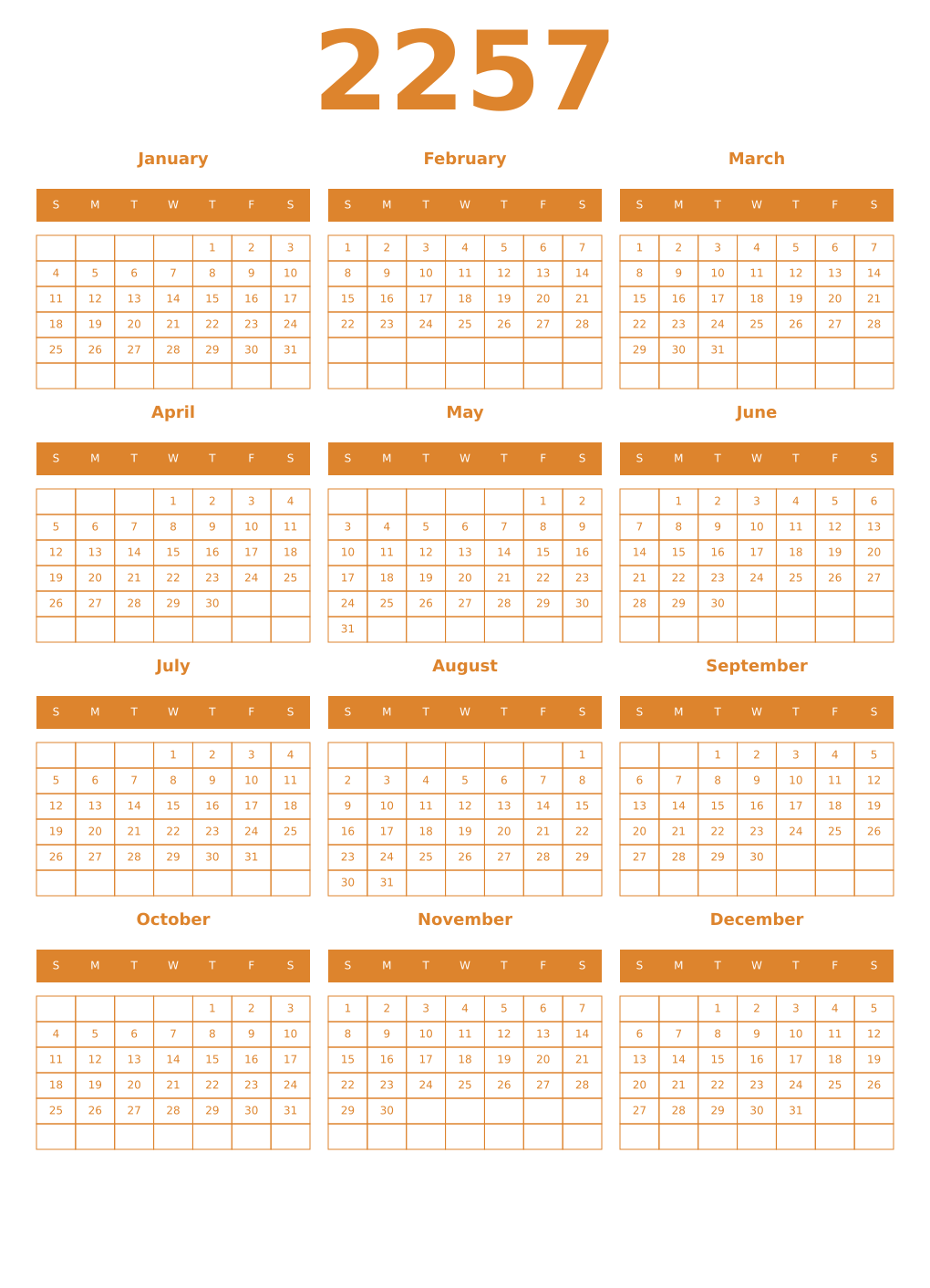 Printable 2257 Year Calendars orange