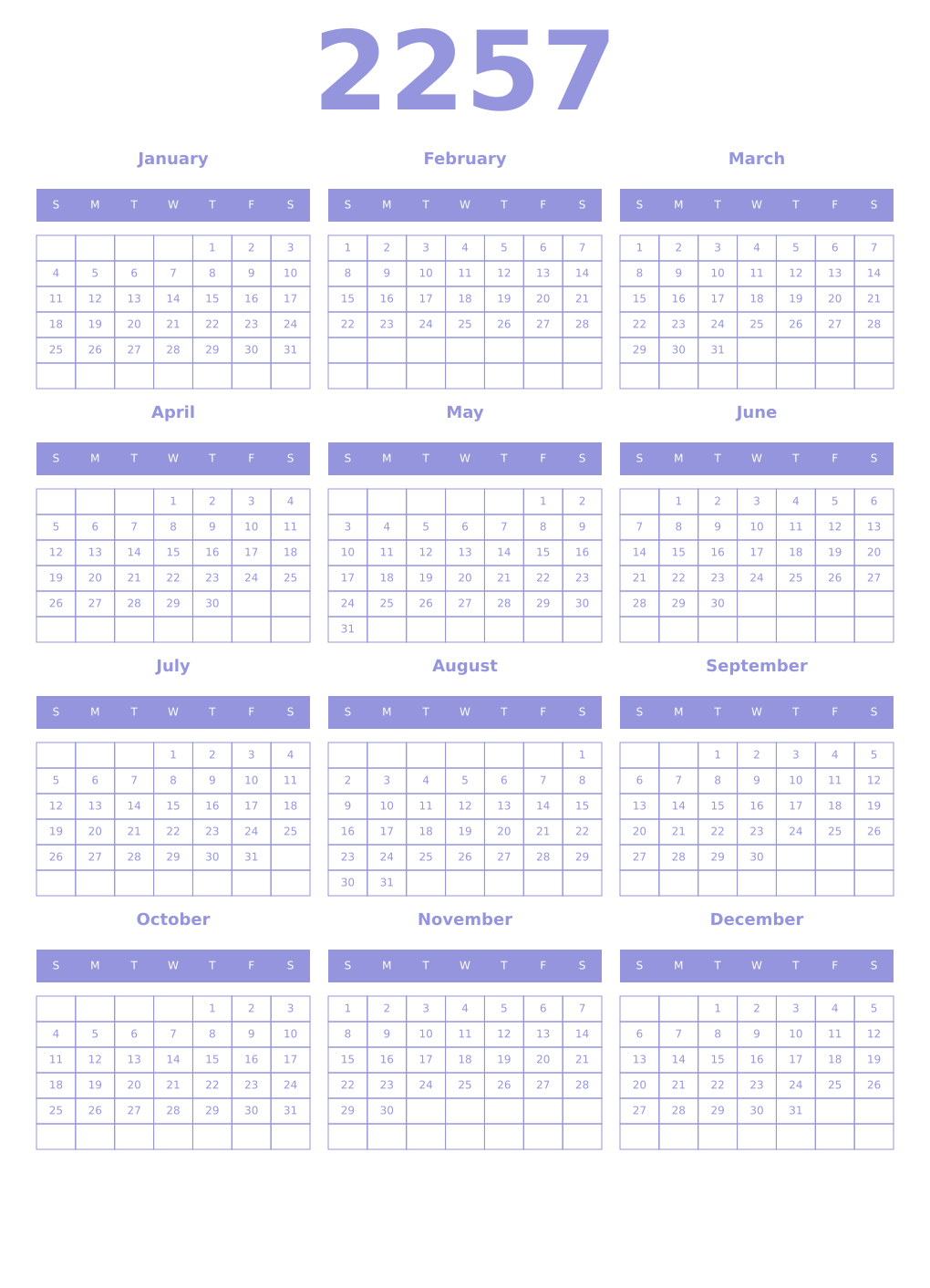 Printable 2257 Year Calendars periwinkle