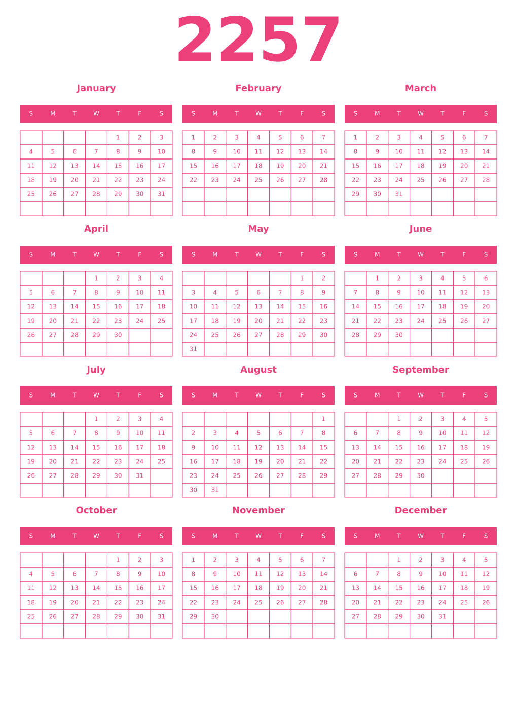 Printable 2257 Year Calendars pink