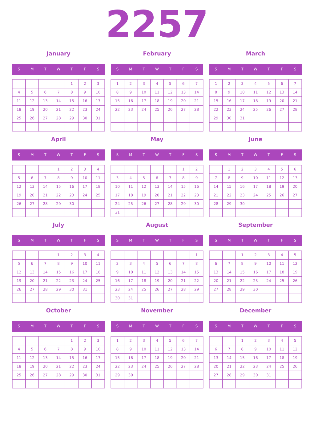 Printable 2257 Year Calendars purple