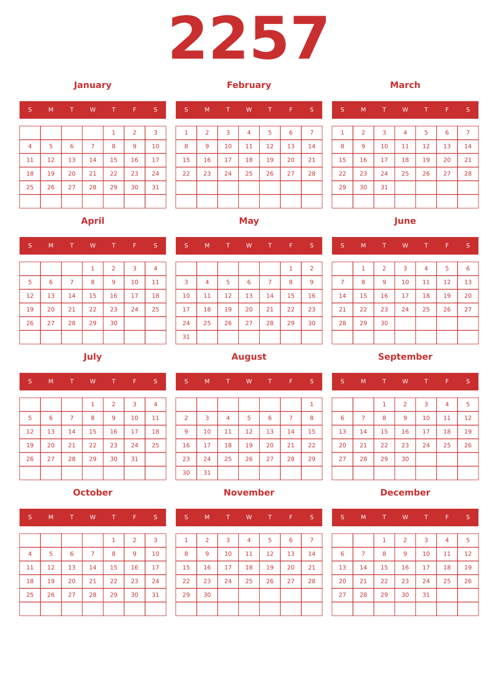 Printable 2257 Year Calendars red