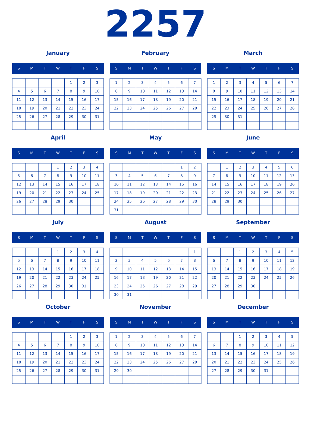 Printable 2257 Year Calendars smalt