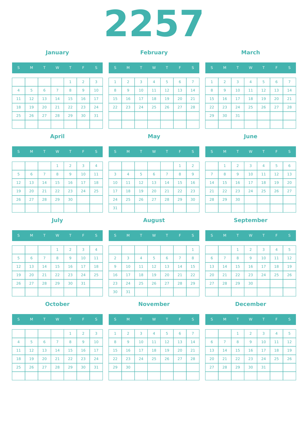 Printable 2257 Year Calendars verdigris