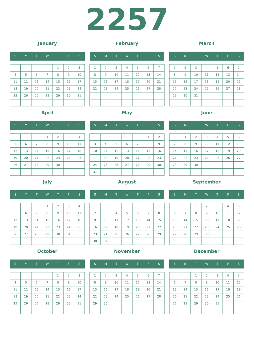 Printable 2257 Year Calendars viridian
