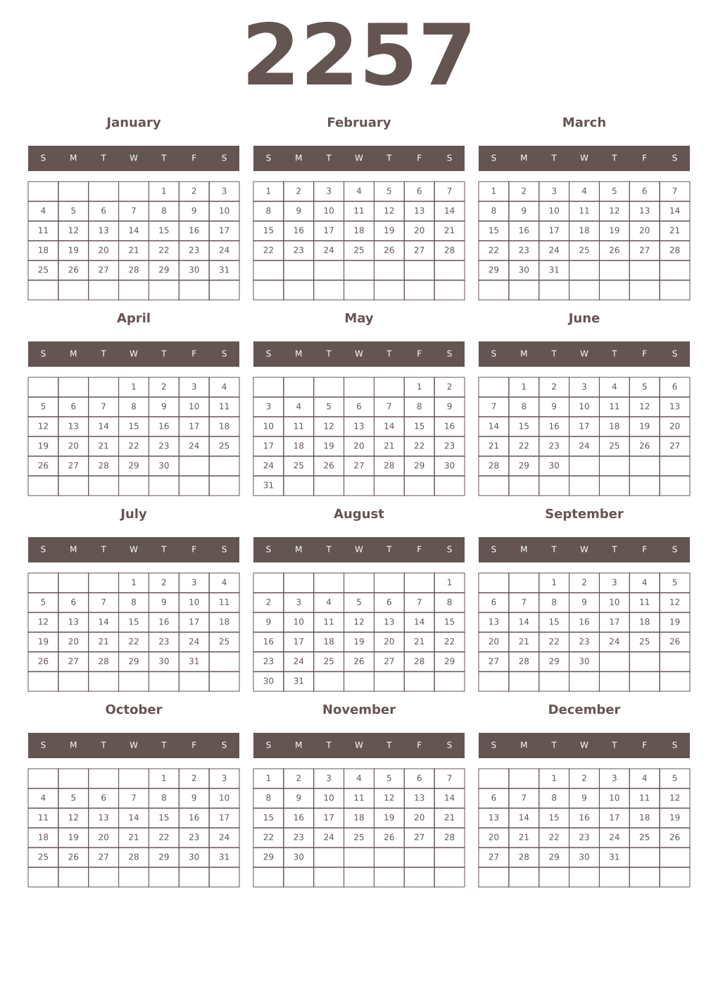 Printable 2257 Year Calendars wenge
