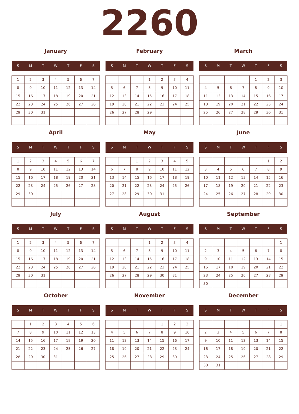 Printable 2260 Year Calendars mortuum